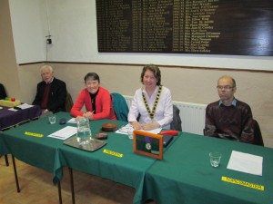 Our club president Mary Whelan flanked by Eilis Ui Bhriain Toastmaster and Michael Sheehan Topics master and John Kelly Timekeeper (far left) 