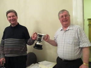 Jerry Hennessy (right) and Kevin Walsh hold aloft the Niall Brunicardi Perpetual Trophy. 