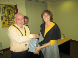   Fermoy Toastmasters President John Sherlock presents first prize as Winner to Mary Meaney Mitchelstown) in the Area Speech Contest, October 20th 2015.  Also in picture just to the right of John:  Liam Flynn of Mallow who acted as Contest Chairman of the evening.
