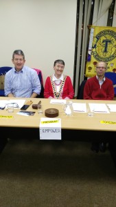  'Club President Eilish Ui Bhriain; Toastmaster Frank O'Driscoll (left) and Topicsmaster Michael Sheehan pictured at the October 25th 2016.'         
